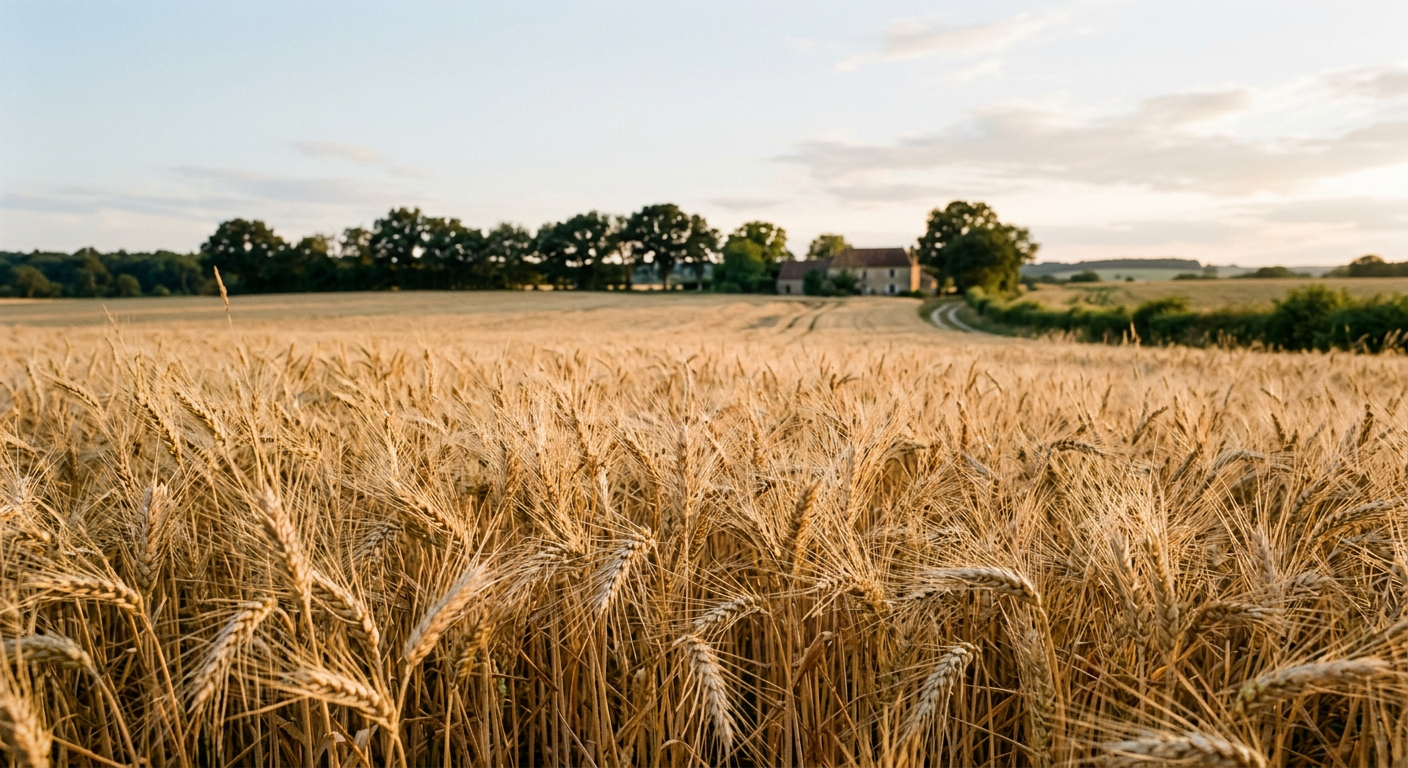 Champ de blé mûr à l’heure dorée, avec une ferme au loin