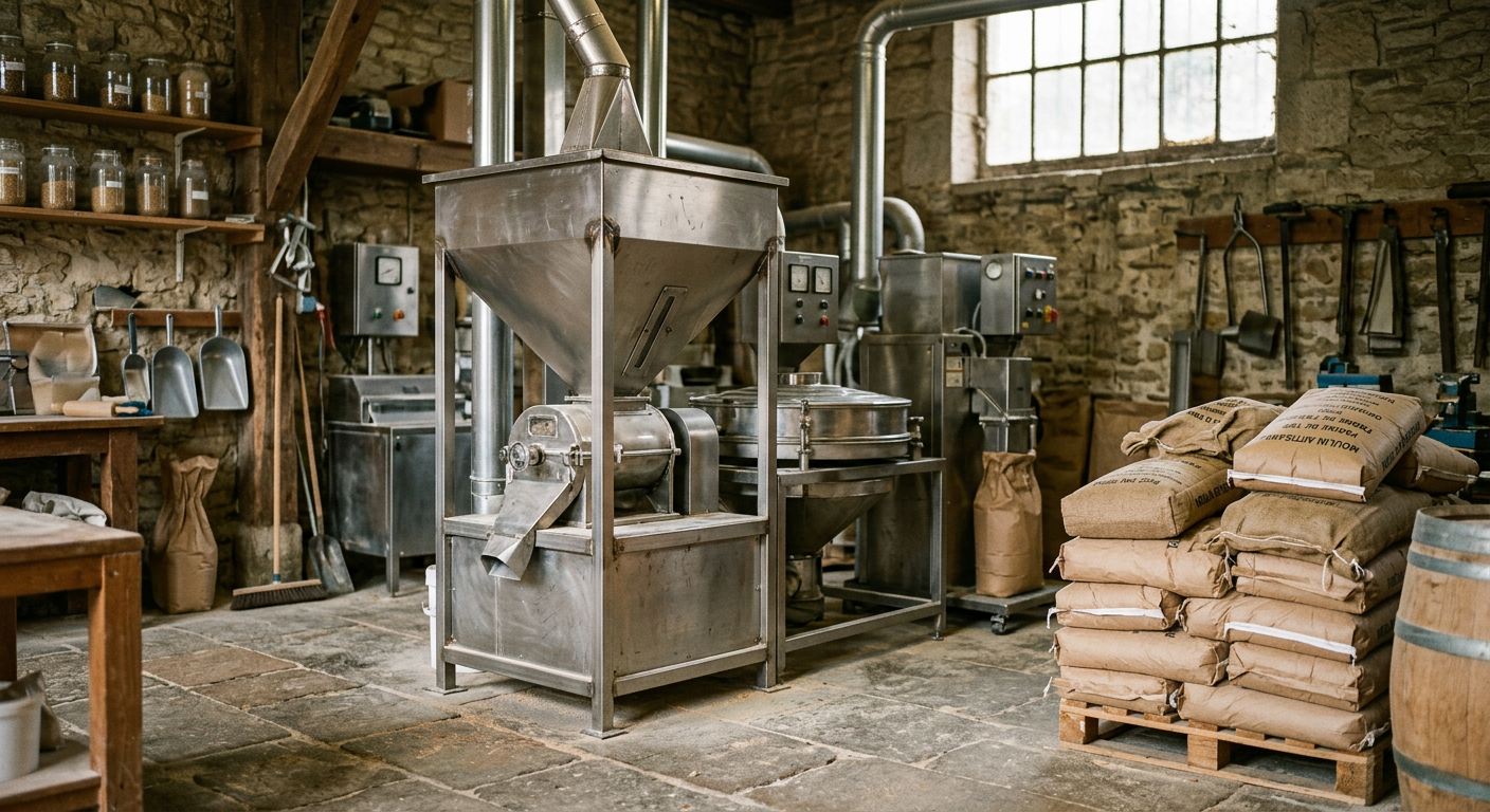 Atelier de transformation avec machines en inox et sacs de grain