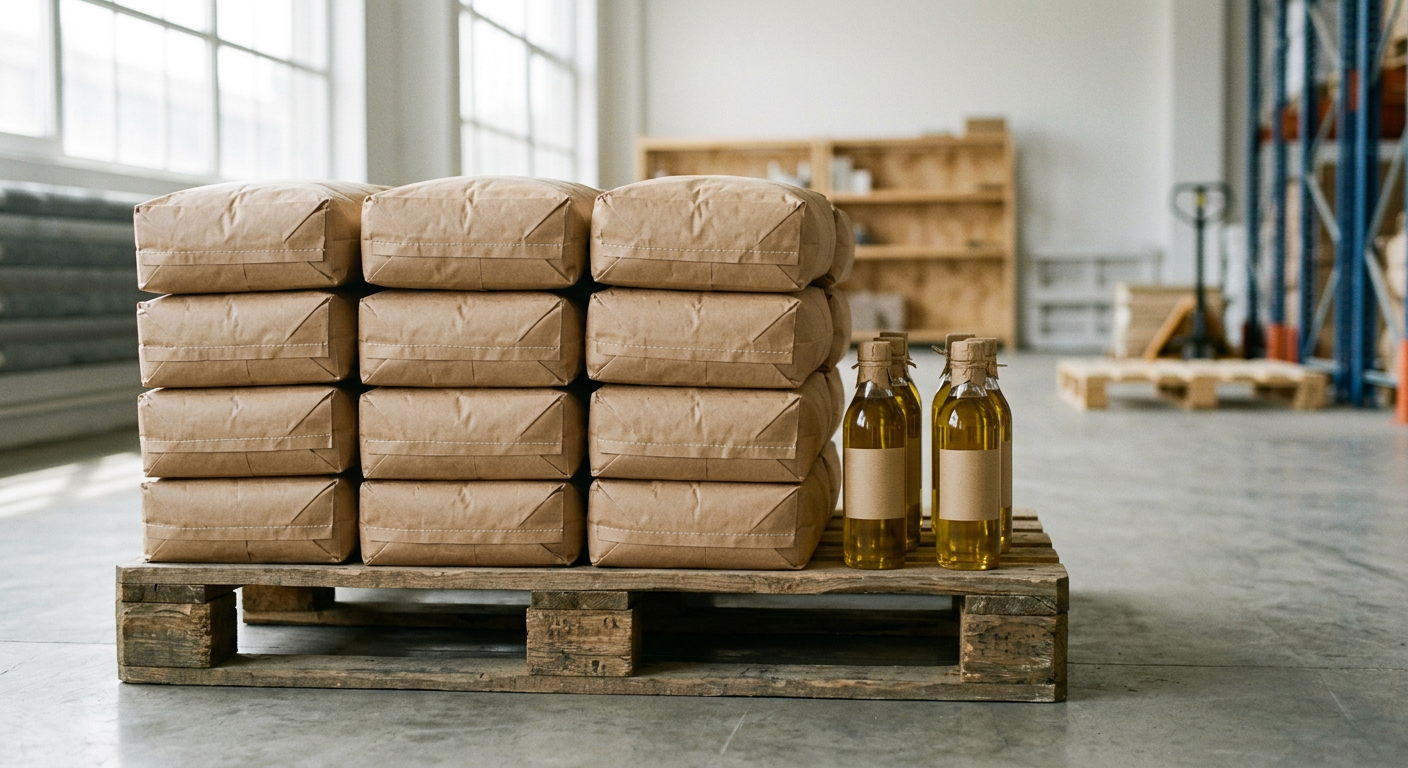 Sacs de farine et bouteilles conditionnées sur une palette en entrepôt